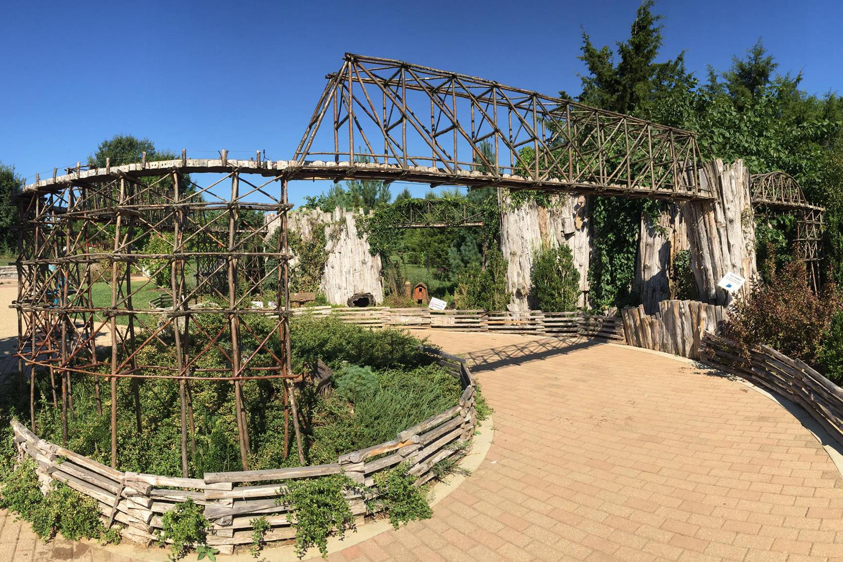 A model train bridge in the Transportation Garden