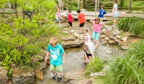 Kids play in a creek at the Kentucky Children's Garden