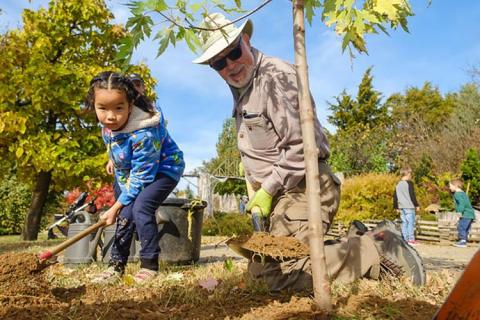 A girl and a worker plant a tree during Tree Week